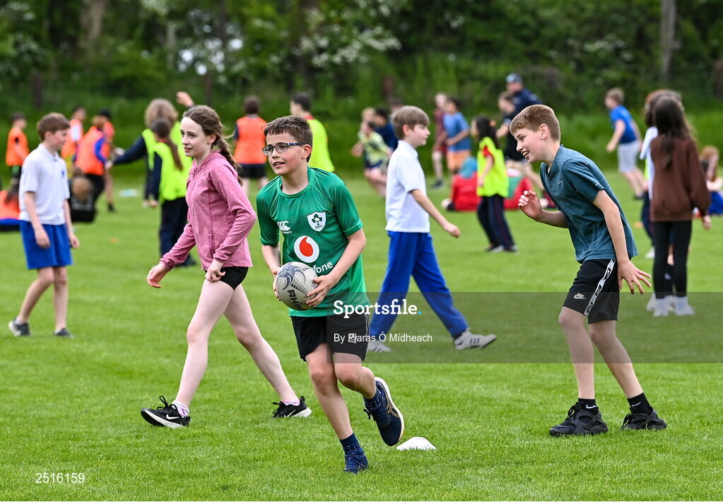 19 May 2023; Action from the Leinster Rugby DLR Region Primary School Blitz at Stillorgan Rathfarnham RFC in Dublin. Photo by Piaras Ó Mídheach/Sportsfile