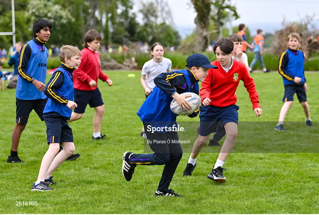 19 May 2023; Action from the Leinster Rugby DLR Region Primary School Blitz at Stillorgan Rathfarnham RFC in Dublin. Photo by Piaras Ó Mídheach/Sportsfile