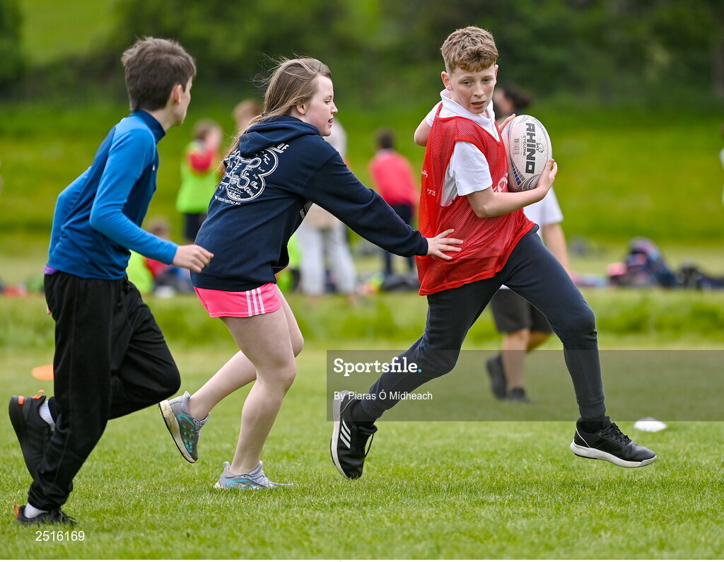 19 May 2023; Action from the Leinster Rugby DLR Region Primary School Blitz at Stillorgan Rathfarnham RFC in Dublin. Photo by Piaras Ó Mídheach/Sportsfile