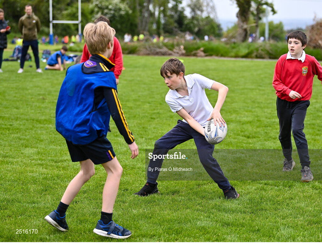 19 May 2023; Action from the Leinster Rugby DLR Region Primary School Blitz at Stillorgan Rathfarnham RFC in Dublin. Photo by Piaras Ó Mídheach/Sportsfile