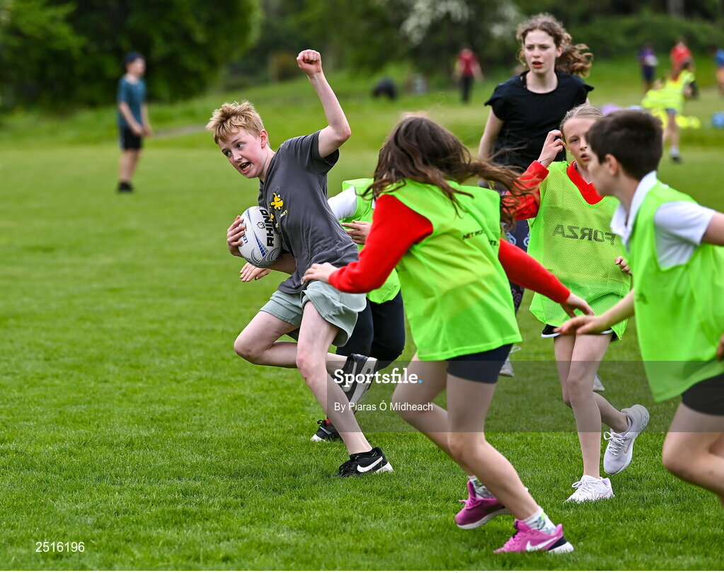 19 May 2023; Oscar O'Sullivan of Rathfarnham Educate Together National School during the Leinster Rugby DLR Region Primary School Blitz at Stillorgan Rathfarnham RFC in Dublin. Photo by Piaras Ó Mídheach/Sportsfile
