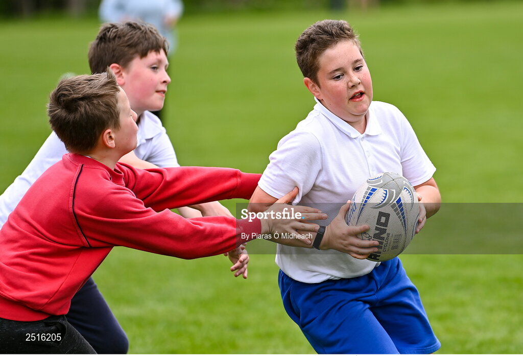 19 May 2023; Ross Browne of Our Lady of the Wayside, Kilternan, during the Leinster Rugby DLR Region Primary School Blitz at Stillorgan Rathfarnham RFC in Dublin. Photo by Piaras Ó Mídheach/Sportsfile