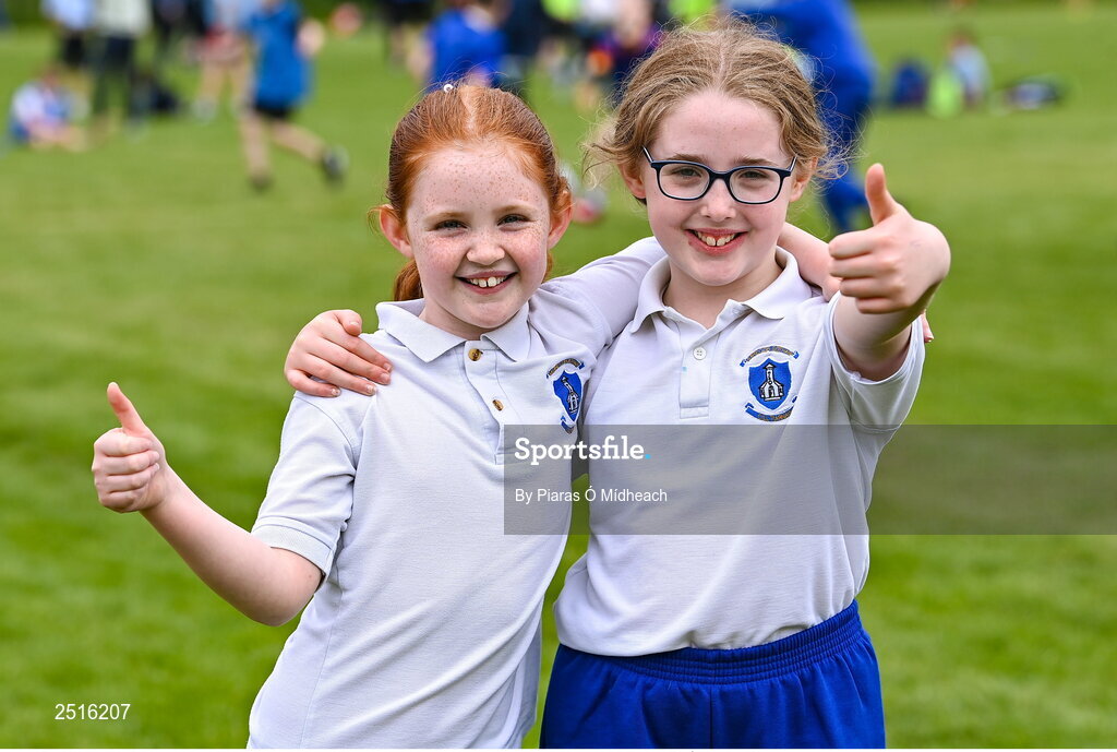 19 May 2023; Abi Gormley, left, and Maeve Moran of Our Lady of the Wayside, Kilternan, during the Leinster Rugby DLR Region Primary School Blitz at Stillorgan Rathfarnham RFC in Dublin. Photo by Piaras Ó Mídheach/Sportsfile