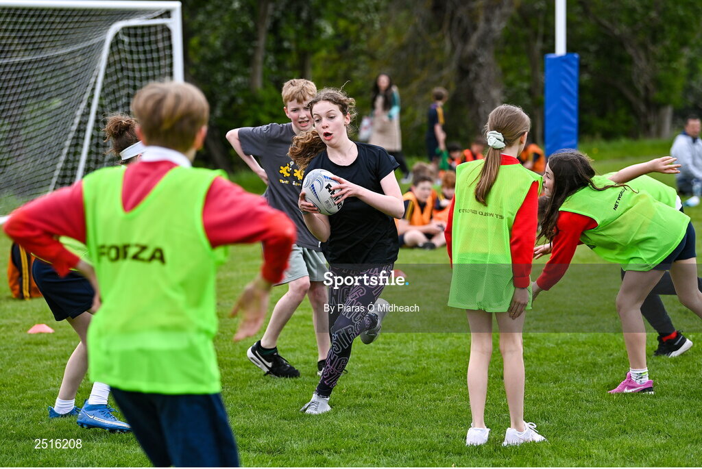 19 May 2023; Simone Caccamo Duggan during the Leinster Rugby DLR Region Primary School Blitz at Stillorgan Rathfarnham RFC in Dublin. Photo by Piaras Ó Mídheach/Sportsfile