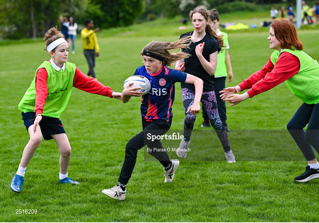 19 May 2023; Marvin Houlihan of Rathfarnham Educate Together National School during the Leinster Rugby DLR Region Primary School Blitz at Stillorgan Rathfarnham RFC in Dublin. Photo by Piaras Ó Mídheach/Sportsfile