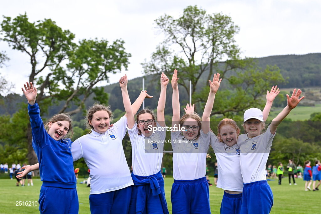 19 May 2023; Players from Our Lady of the Wayside, Kilternan, from left, Nikki Megansides, Julia Grochowska, Róisín Kerrigan, Maeve Moran, Abi Gormley and Zuzanna Kielar during the Leinster Rugby DLR Region Primary School Blitz at Stillorgan Rathfarnham RFC in Dublin. Photo by Piaras Ó Mídheach/Sportsfile