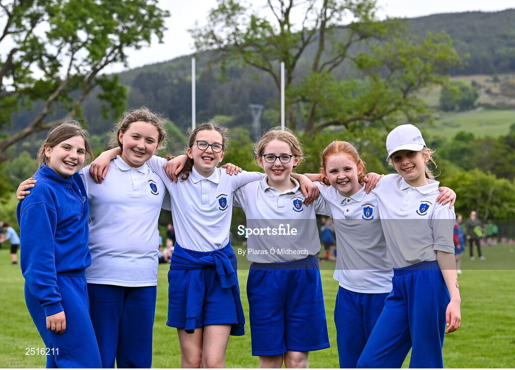 19 May 2023; Players from Our Lady of the Wayside, Kilternan, from left, Nikki Megansides, Julia Grochowska, Róisín Kerrigan, Maeve Moran, Abi Gormley and Zuzanna Kielar during the Leinster Rugby DLR Region Primary School Blitz at Stillorgan Rathfarnham RFC in Dublin. Photo by Piaras Ó Mídheach/Sportsfile