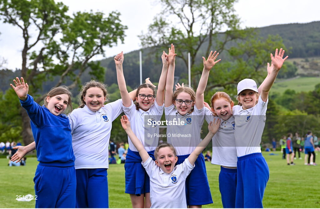 19 May 2023; Players from Our Lady of the Wayside, Kilternan, from left, Nikki Megansides, Julia Grochowska, Róisín Kerrigan, Maeve Moran, Abi Gormley, Zuzanna Kielar and Charlie Mortimer, front, during the Leinster Rugby DLR Region Primary School Blitz at Stillorgan Rathfarnham RFC in Dublin. Photo by Piaras Ó Mídheach/Sportsfile