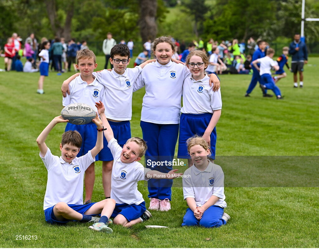 19 May 2023; Players from Our Lady of the Wayside, Kilternan, during the Leinster Rugby DLR Region Primary School Blitz at Stillorgan Rathfarnham RFC in Dublin. Photo by Piaras Ó Mídheach/Sportsfile