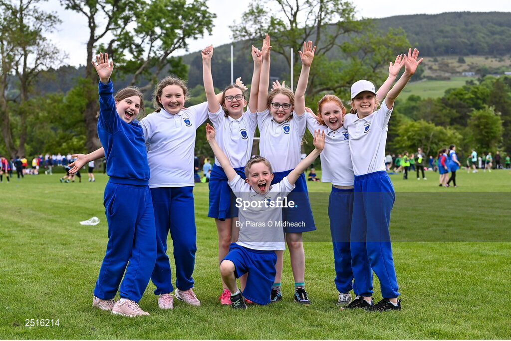 19 May 2023; Players from Our Lady of the Wayside, Kilternan, from left, Nikki Megansides, Julia Grochowska, Róisín Kerrigan, Maeve Moran, Abi Gormley, Zuzanna Kielar and Charlie Mortimer, front, during the Leinster Rugby DLR Region Primary School Blitz at Stillorgan Rathfarnham RFC in Dublin. Photo by Piaras Ó Mídheach/Sportsfile