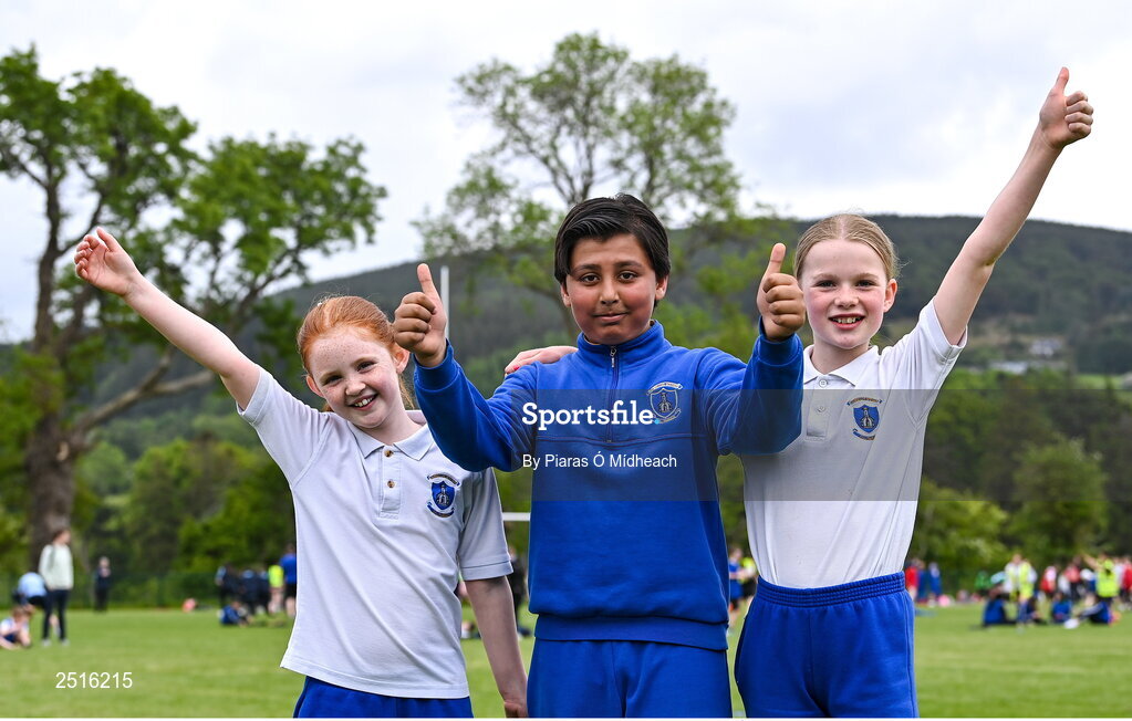 19 May 2023; Players from Our Lady of the Wayside, Kilternan, from left, Abi Gormley, Shams Urrehman and Sinéad O'Donoghue during the Leinster Rugby DLR Region Primary School Blitz at Stillorgan Rathfarnham RFC in Dublin. Photo by Piaras Ó Mídheach/Sportsfile