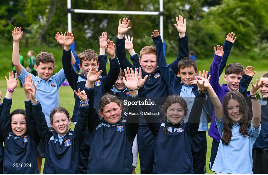 19 May 2023; Players from St Olaf's National School in Sandyford during the Leinster Rugby DLR Region Primary School Blitz at Stillorgan Rathfarnham RFC in Dublin. Photo by Piaras Ó Mídheach/Sportsfile