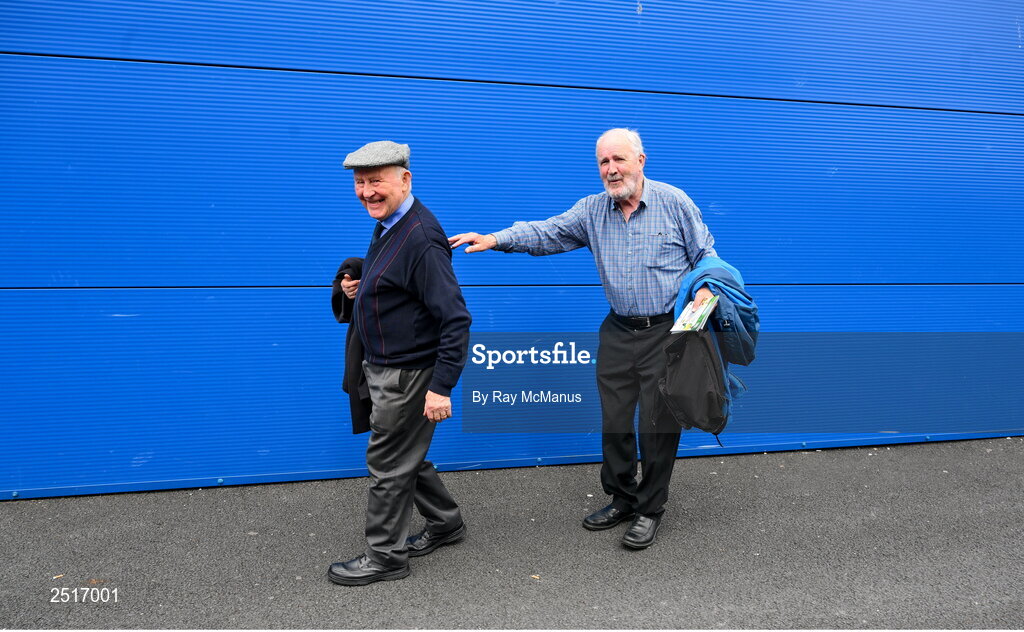 20 May 2023; Clare supporters Tadhg Murphy, from Cooraclare, and his Mayo friend Joe Hester, from Ballyhaunis, make their way to the GAA Football All-Ireland Senior Championship Round 1 match between Clare and Donegal at Cusack Park in Ennis, Clare. Photo by Ray McManus/Sportsfile