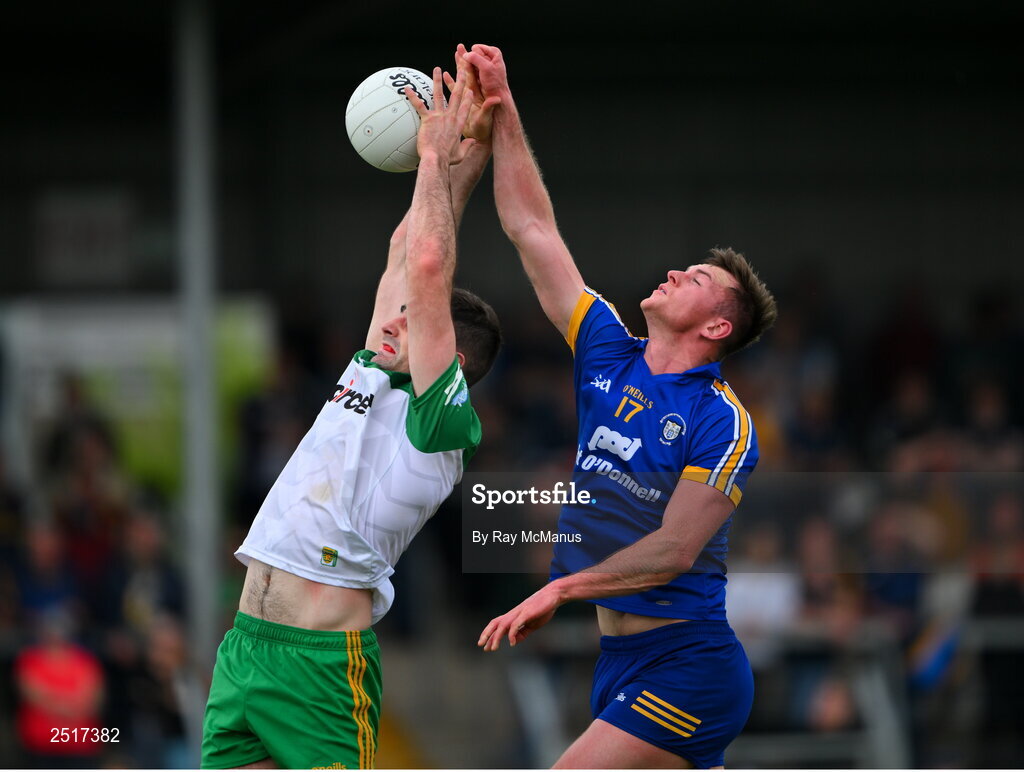 20 May 2023; Caolan McGonagle of Donegal in action against Darragh Bohannon of Clare during the GAA Football All-Ireland Senior Championship Round 1 match between Clare and Donegal at Cusack Park in Ennis, Clare. Photo by Ray McManus/Sportsfile