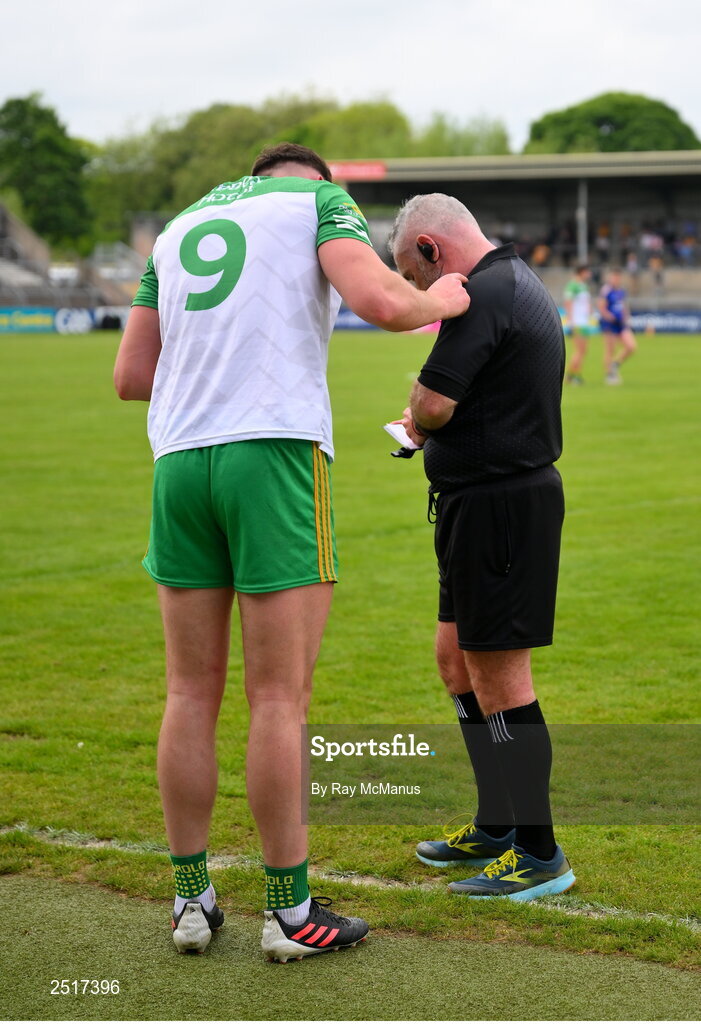 20 May 2023; Rory O'Donnell of Donegal is spoken to by referee James Molloy before being issued a yellow card for taking off his jersey during the GAA Football All-Ireland Senior Championship Round 1 match between Clare and Donegal at Cusack Park in Ennis, Clare. Photo by Ray McManus/Sportsfile