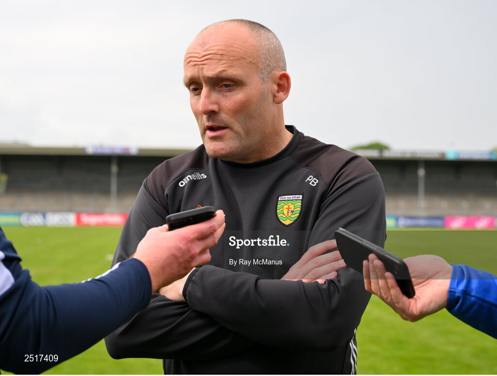 20 May 2023; Donegal selector Paddy Bradley speaks to members of the media after the GAA Football All-Ireland Senior Championship Round 1 match between Clare and Donegal at Cusack Park in Ennis, Clare. Photo by Ray McManus/Sportsfile