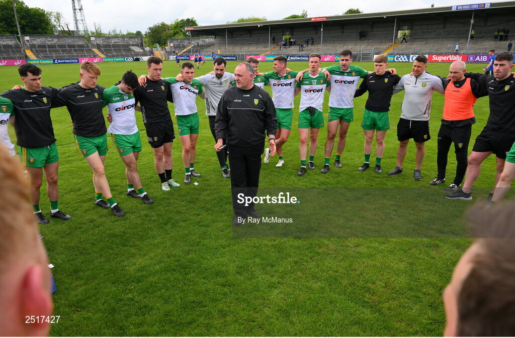 20 May 2023; Donegal manager Aidan O'Rourke speaks to his team after the GAA Football All-Ireland Senior Championship Round 1 match between Clare and Donegal at Cusack Park in Ennis, Clare. Photo by Ray McManus/Sportsfile