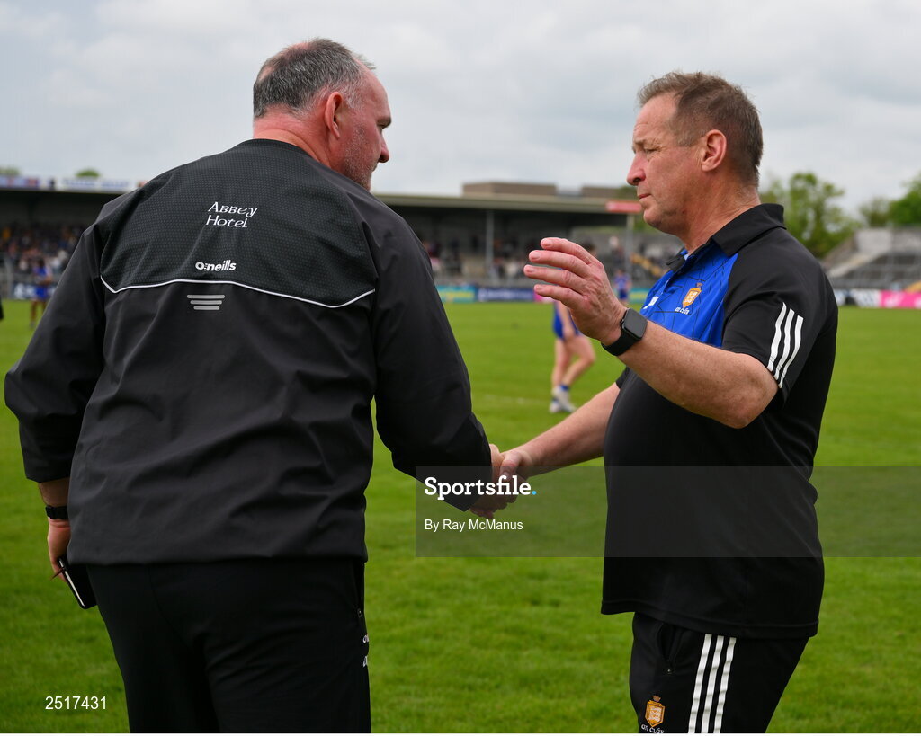 20 May 2023; Clare manager Colm Collins, right, shakes hands with Donegal manager Aidan O'Rourke after the GAA Football All-Ireland Senior Championship Round 1 match between Clare and Donegal at Cusack Park in Ennis, Clare. Photo by Ray McManus/Sportsfile