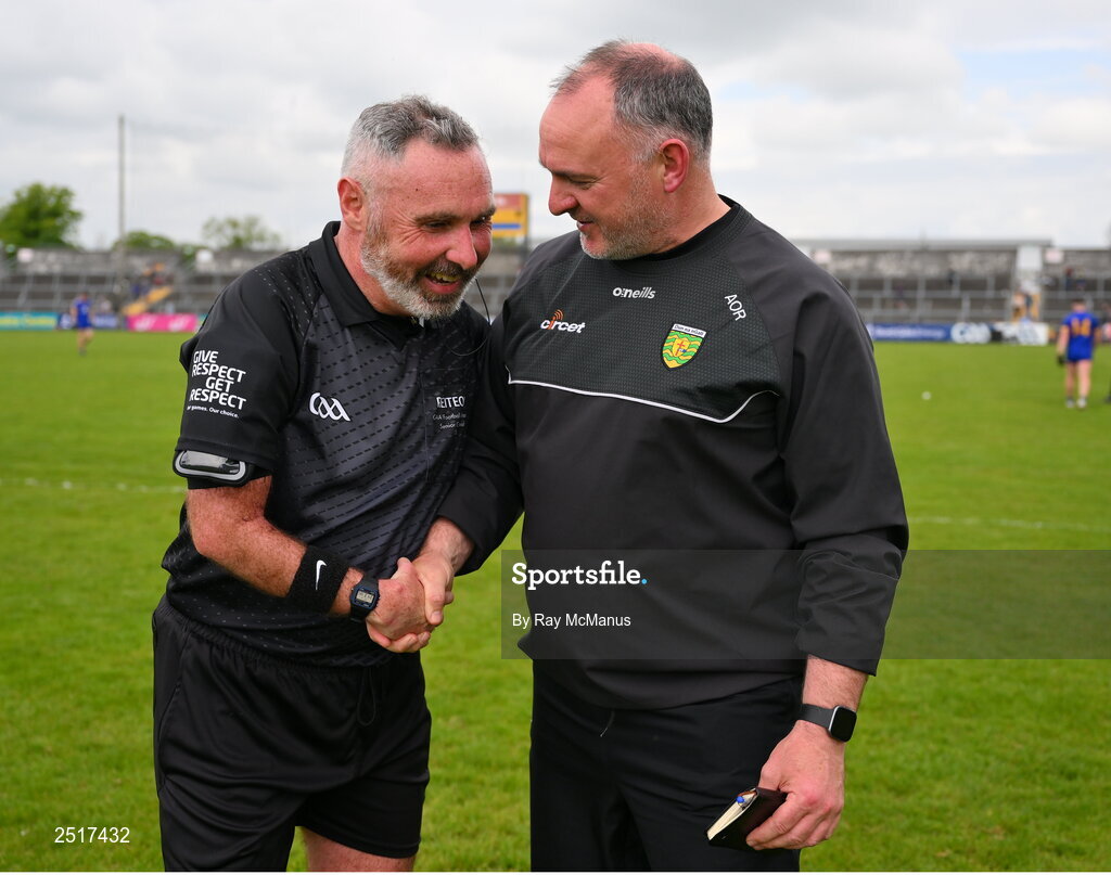 20 May 2023; Referee James Molloy shakes hands with Donegal manager Aidan O'Rourke after the GAA Football All-Ireland Senior Championship Round 1 match between Clare and Donegal at Cusack Park in Ennis, Clare. Photo by Ray McManus/Sportsfile