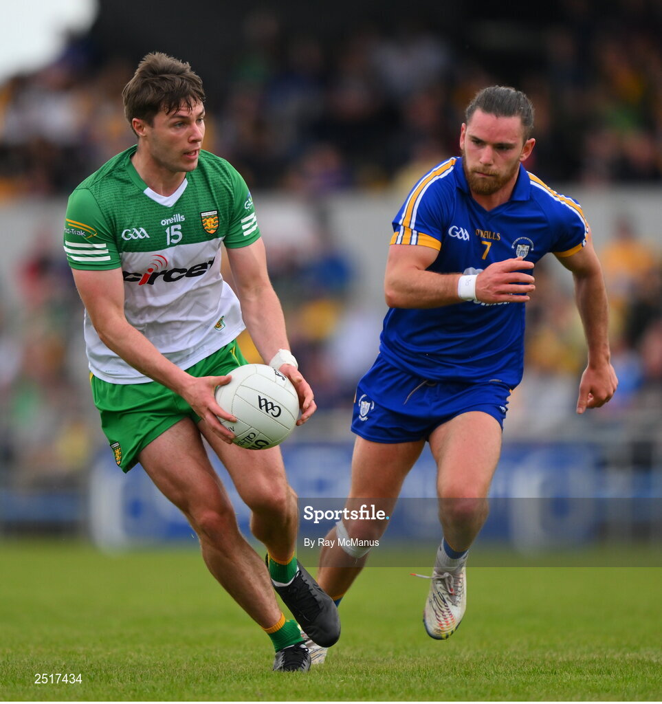 20 May 2023; Conor O'Donnell of Donegal in action against Cian O'Dea of Clare during the GAA Football All-Ireland Senior Championship Round 1 match between Clare and Donegal at Cusack Park in Ennis, Clare. Photo by Ray McManus/Sportsfile