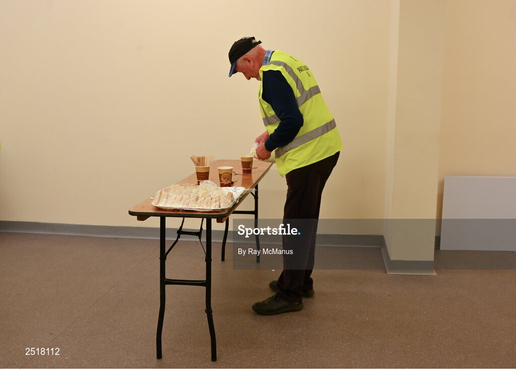 20 May 2023; A 'maor' prepares a cup of tea for himself before the GAA Football All-Ireland Senior Championship Round 1 match between Clare and Donegal at Cusack Park in Ennis, Clare. Photo by Ray McManus/Sportsfile