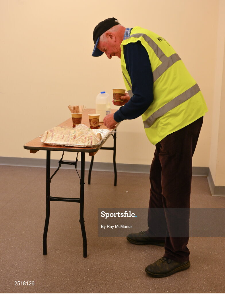 20 May 2023; A 'maor' prepares a cup of tea for himself before the GAA Football All-Ireland Senior Championship Round 1 match between Clare and Donegal at Cusack Park in Ennis, Clare. Photo by Ray McManus/Sportsfile