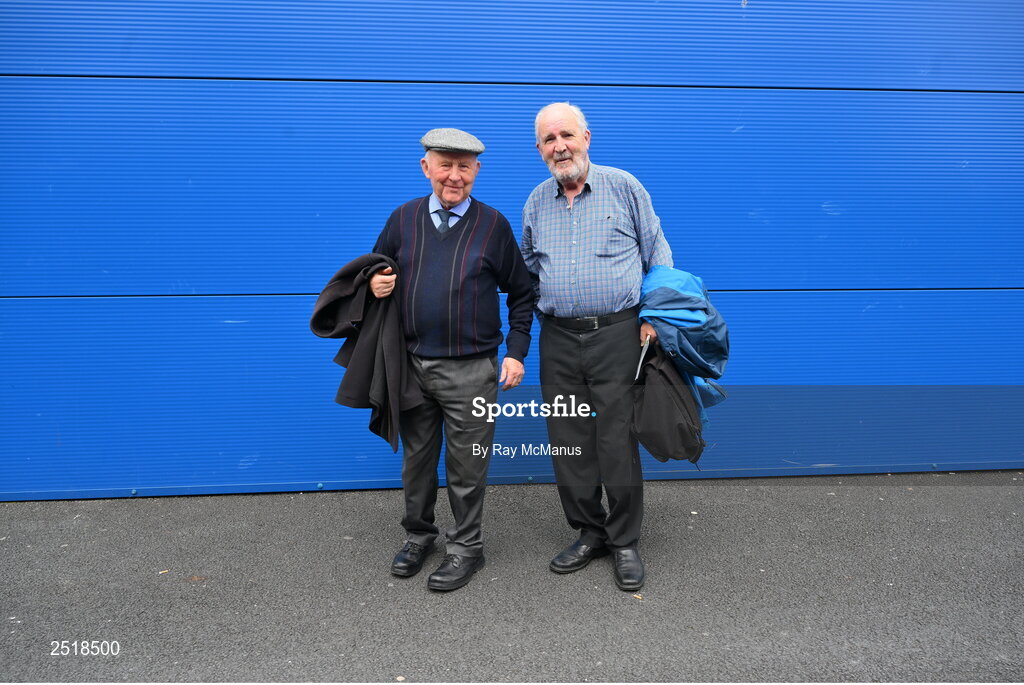 20 May 2023; Claare supporters Tadhg Murphy, Cooraclare, and his Mayo friend Joe Hester, from Ballyhaunis, make their way to the  GAA Football All-Ireland Senior Championship Round 1 match between Clare and Donegal at Cusack Park in Ennis, Clare. Photo by Ray McManus/Sportsfile