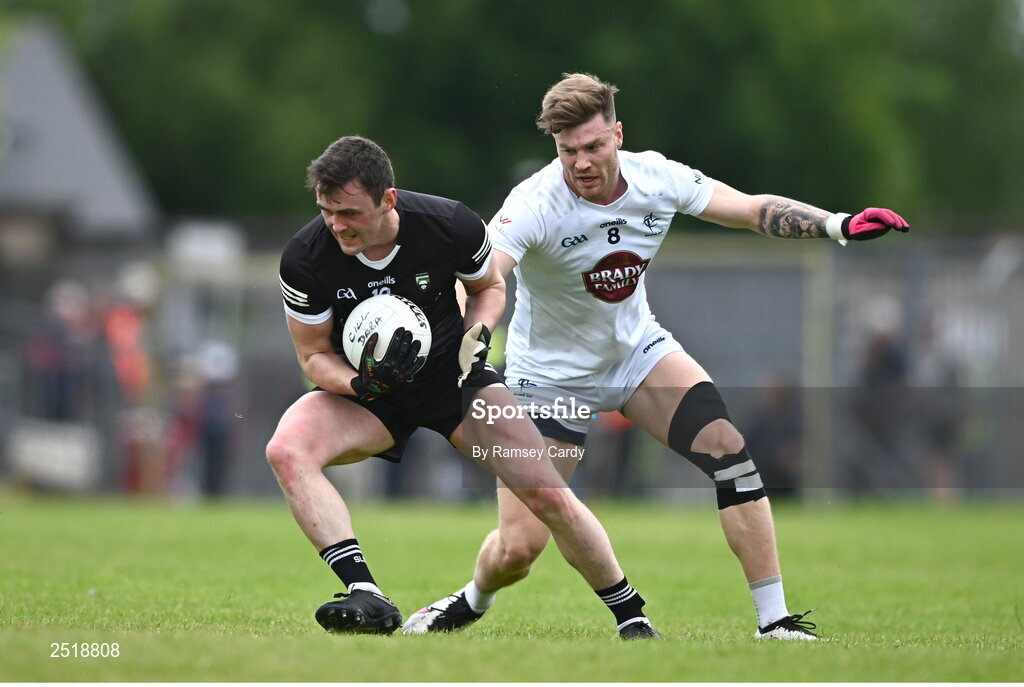 21 May 2023; Finnian Cawley of Sligo in action against Kevin O'Callaghan of Kildare during the GAA Football All-Ireland Senior Championship Round 1 match between Sligo and Kildare at Markievicz Park in Sligo. Photo by Ramsey Cardy/Sportsfile