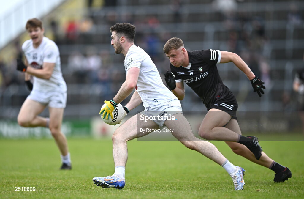 21 May 2023; Kevin Flynn of Kildare in action against Brian Cox of Sligo during the GAA Football All-Ireland Senior Championship Round 1 match between Sligo and Kildare at Markievicz Park in Sligo. Photo by Ramsey Cardy/Sportsfile