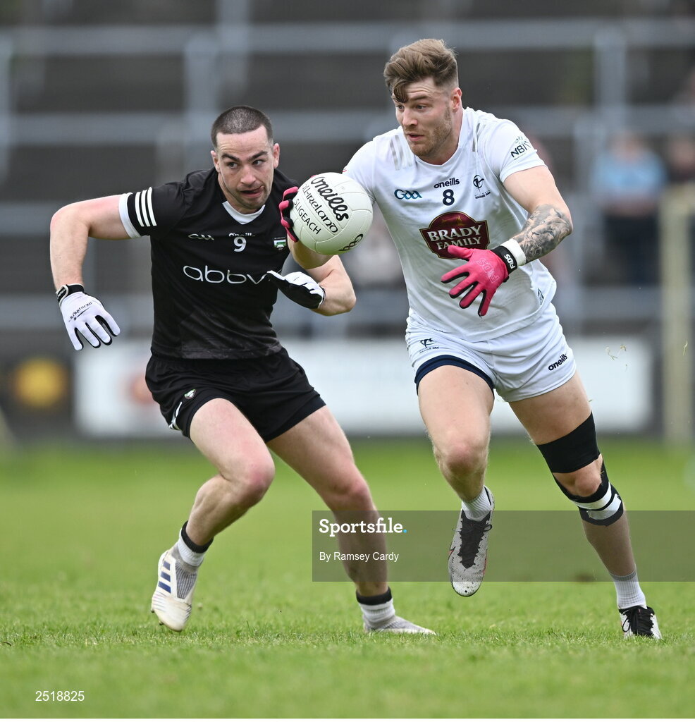 21 May 2023; Kevin O'Callaghan of Kildare in action against Paul Kilcoyne of Sligo during the GAA Football All-Ireland Senior Championship Round 1 match between Sligo and Kildare at Markievicz Park in Sligo. Photo by Ramsey Cardy/Sportsfile