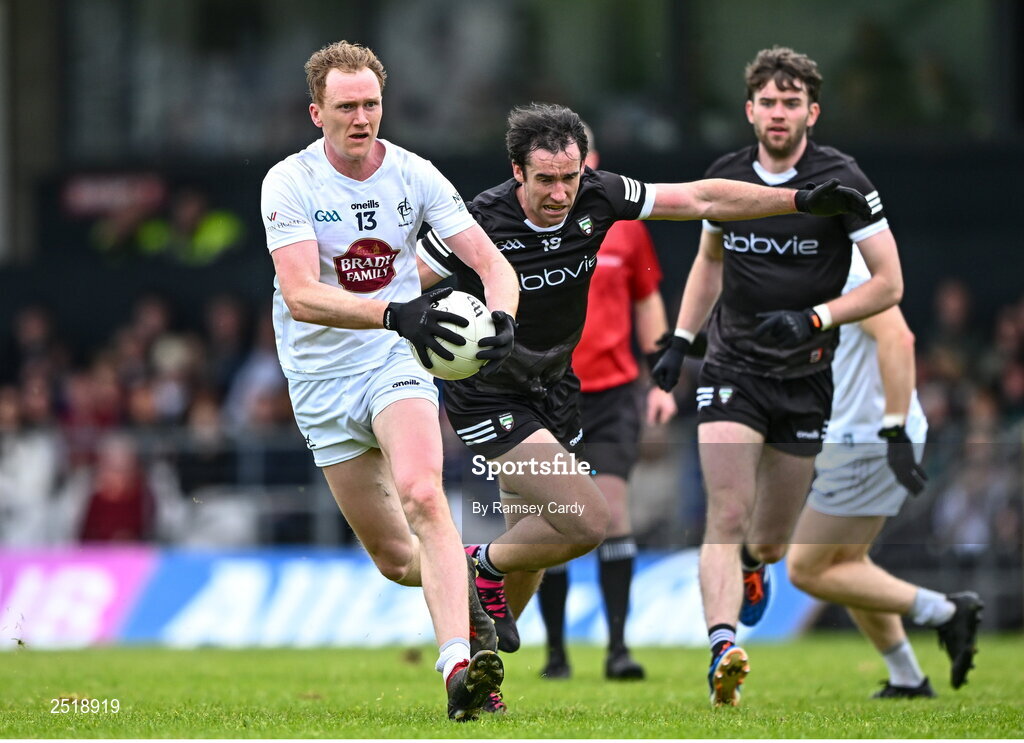 21 May 2023; Paul Cribbin of Kildare in action against Darragh Cummins of Sligo during the GAA Football All-Ireland Senior Championship Round 1 match between Sligo and Kildare at Markievicz Park in Sligo. Photo by Ramsey Cardy/Sportsfile