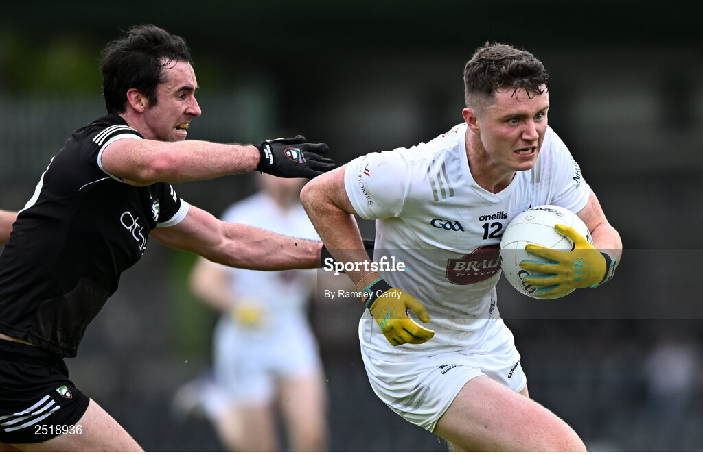 21 May 2023; Alex Beirne of Kildare in action against Darragh Cummins of Sligo during the GAA Football All-Ireland Senior Championship Round 1 match between Sligo and Kildare at Markievicz Park in Sligo. Photo by Ramsey Cardy/Sportsfile