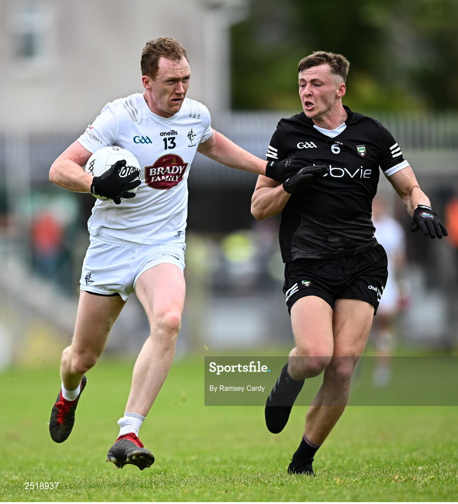 21 May 2023; Paul Cribbin of Kildare in action against Brian Cox of Sligo during the GAA Football All-Ireland Senior Championship Round 1 match between Sligo and Kildare at Markievicz Park in Sligo. Photo by Ramsey Cardy/Sportsfile
