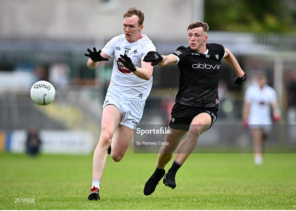 21 May 2023; Paul Cribbin of Kildare in action against Brian Cox of Sligo during the GAA Football All-Ireland Senior Championship Round 1 match between Sligo and Kildare at Markievicz Park in Sligo. Photo by Ramsey Cardy/Sportsfile