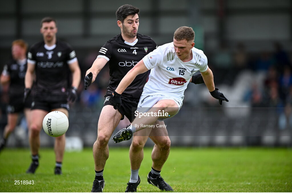 21 May 2023; Paddy Woodgate of Kildare in action against Nathan Mullen of Sligo during the GAA Football All-Ireland Senior Championship Round 1 match between Sligo and Kildare at Markievicz Park in Sligo. Photo by Ramsey Cardy/Sportsfile