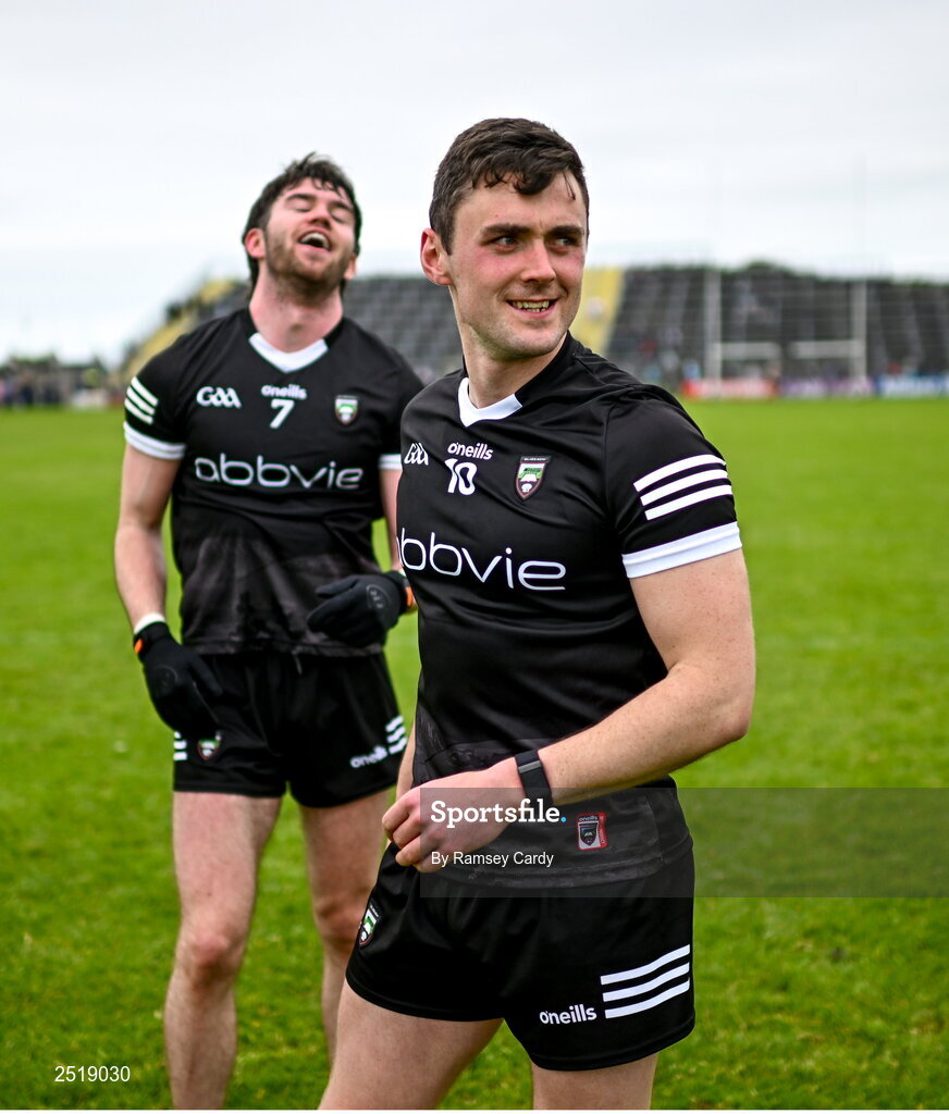 21 May 2023; Finnian Cawley, right, and Luke Towey of Sligo after their side's draw in the GAA Football All-Ireland Senior Championship Round 1 match between Sligo and Kildare at Markievicz Park in Sligo. Photo by Ramsey Cardy/Sportsfile