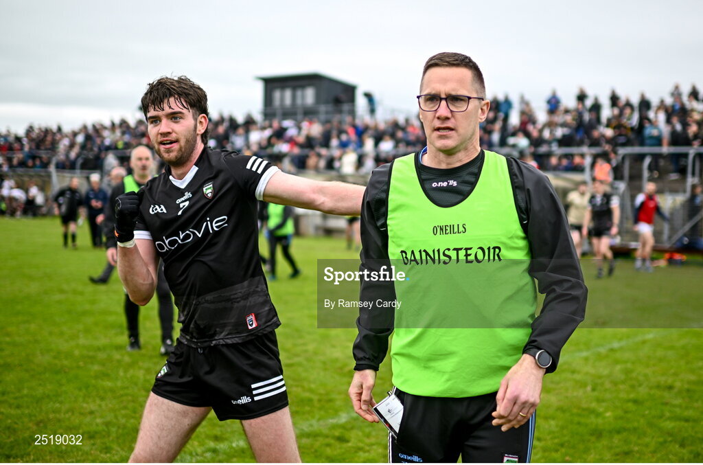 21 May 2023; Sligo manager Tony McEntee, right, and Luke Towey after their side's draw in the GAA Football All-Ireland Senior Championship Round 1 match between Sligo and Kildare at Markievicz Park in Sligo. Photo by Ramsey Cardy/Sportsfile