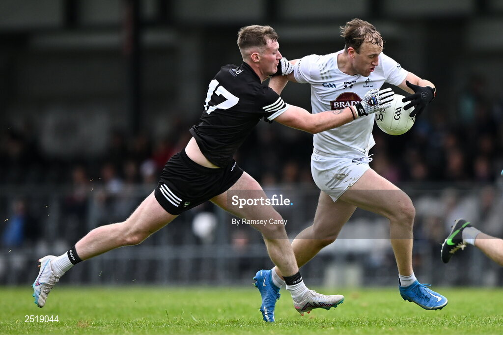 21 May 2023; Darragh Kirwan of Kildare in action against Alan Reilly of Sligo during the GAA Football All-Ireland Senior Championship Round 1 match between Sligo and Kildare at Markievicz Park in Sligo. Photo by Ramsey Cardy/Sportsfile
