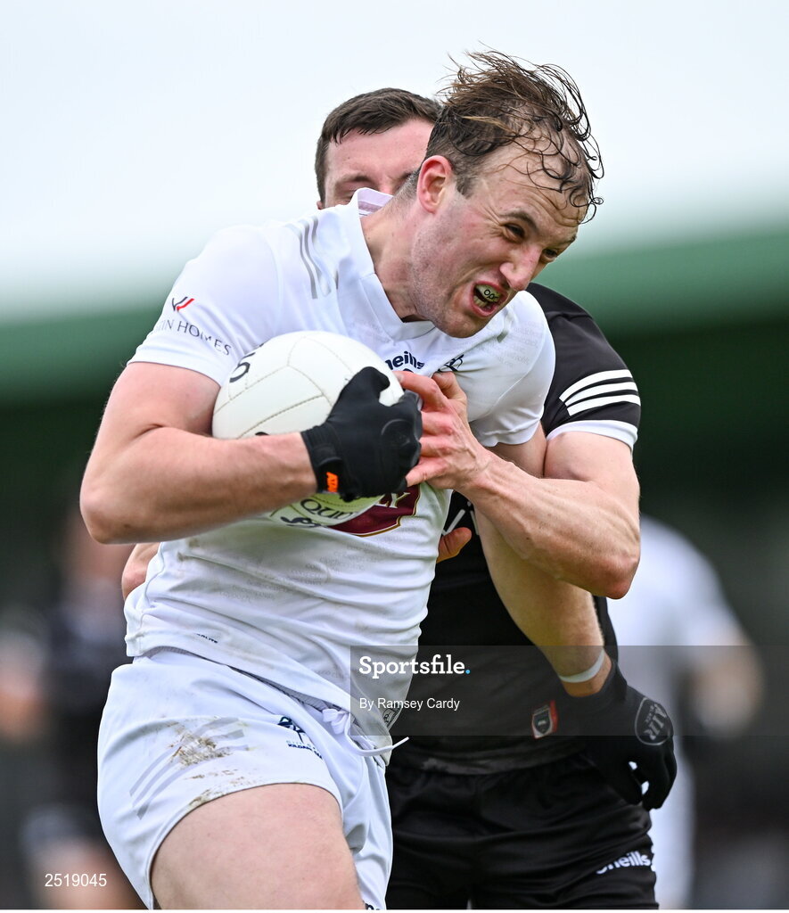 21 May 2023; Darragh Kirwan of Kildare in action against Eddie McGuinness of Sligo during the GAA Football All-Ireland Senior Championship Round 1 match between Sligo and Kildare at Markievicz Park in Sligo. Photo by Ramsey Cardy/Sportsfile