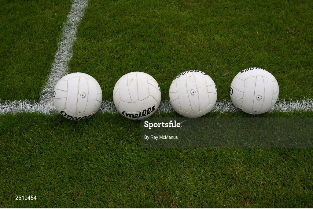 20 May 2023; Four O'Neills footballs on the pitch before the GAA Football All-Ireland Senior Championship Round 1 match between Clare and Donegal at Cusack Park in Ennis, Clare. Photo by Ray McManus/Sportsfile