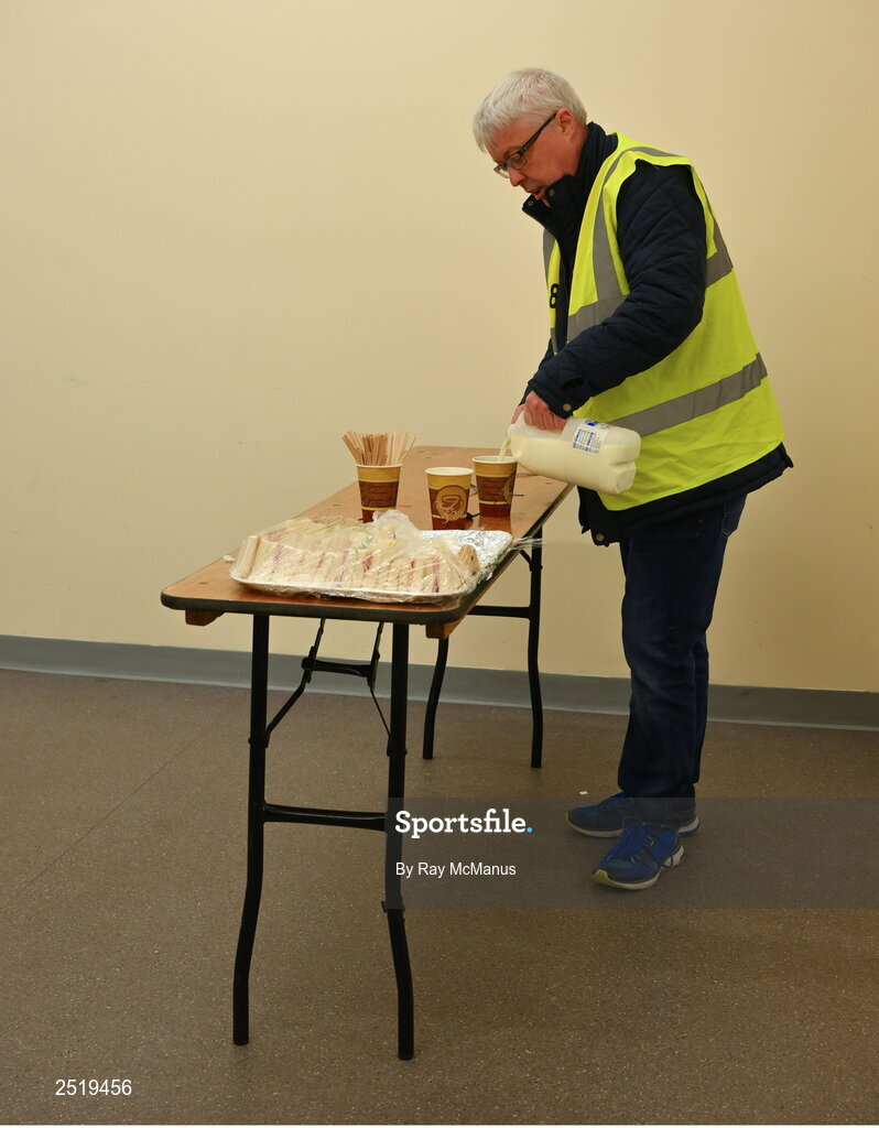 20 May 2023; A 'maor' prepares a cup of tea for himself before the GAA Football All-Ireland Senior Championship Round 1 match between Clare and Donegal at Cusack Park in Ennis, Clare. Photo by Ray McManus/Sportsfile