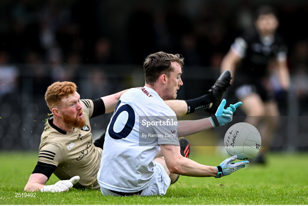 21 May 2023; Paddy McDermott of Kildare in action against Sligo goalkeeper Aidan Devaney during the GAA Football All-Ireland Senior Championship Round 1 match between Sligo and Kildare at Markievicz Park in Sligo. Photo by Ramsey Cardy/Sportsfile