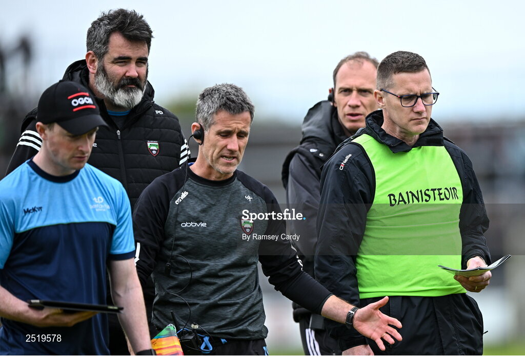 21 May 2023; Sligo manager Tony McEntee, right, with from left, goalkeeping coach Paul Durcan, selector Joe Keane, and selector Noel McGuire during the GAA Football All-Ireland Senior Championship Round 1 match between Sligo and Kildare at Markievicz Park in Sligo. Photo by Ramsey Cardy/Sportsfile