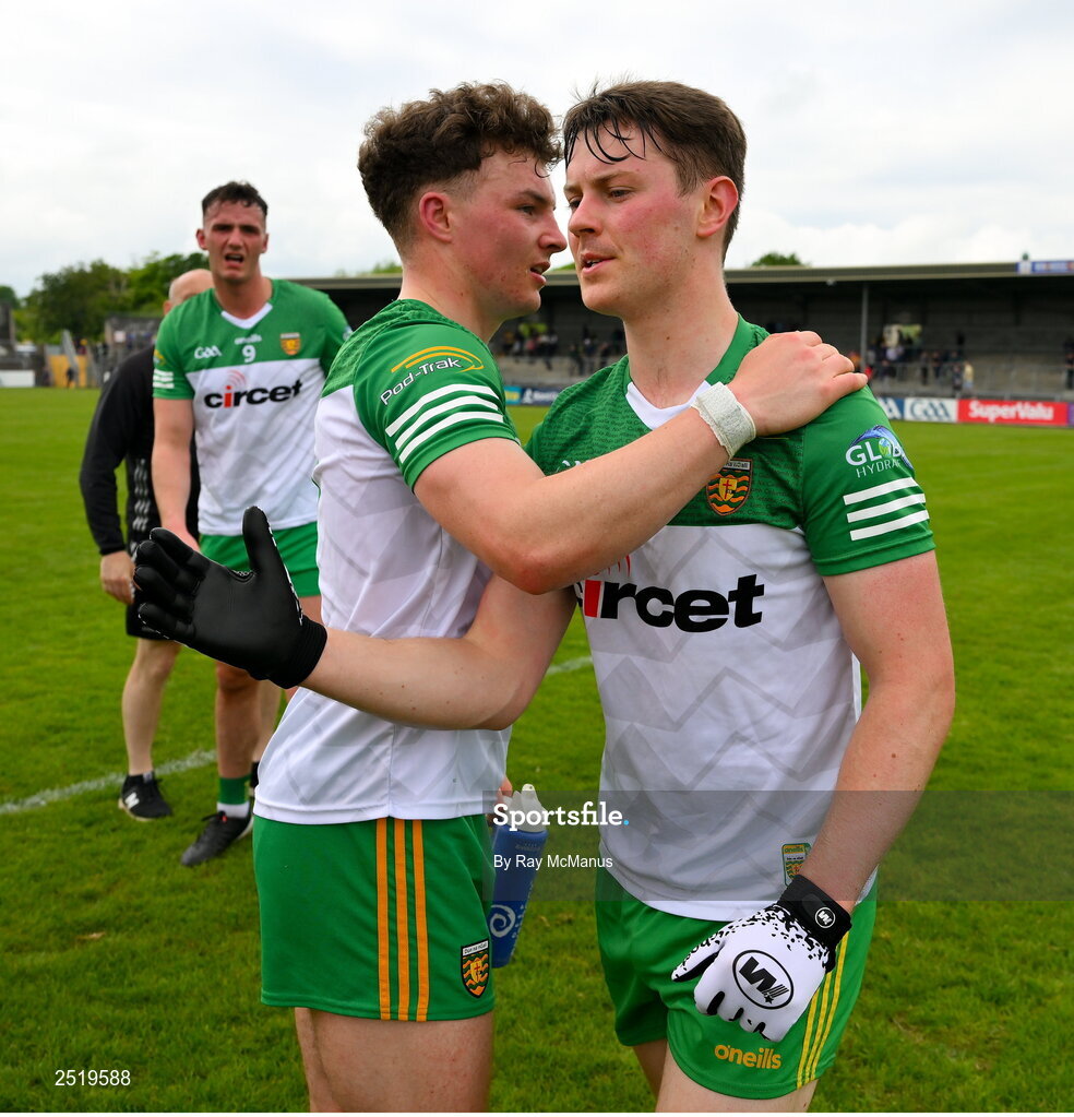 20 May 2023; Odhran Doherty and Mark Curran of Donegal after the GAA Football All-Ireland Senior Championship Round 1 match between Clare and Donegal at Cusack Park in Ennis, Clare. Photo by Ray McManus/Sportsfile