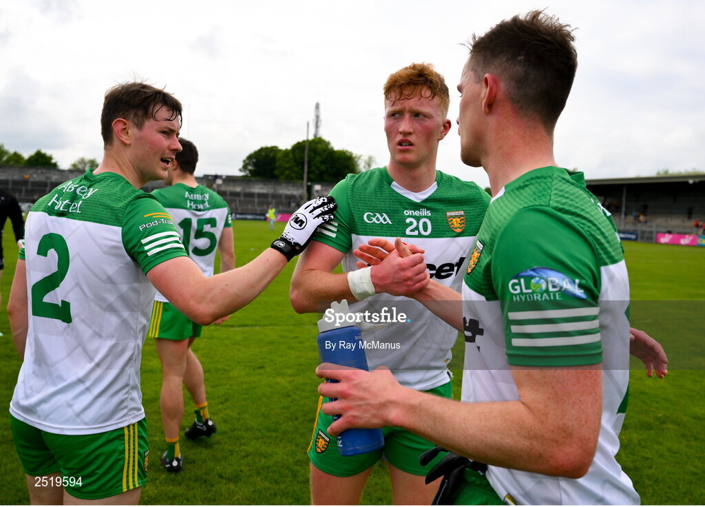 20 May 2023; Donegal players Mark Curran, Oisin Gallen and Ciaran Thompson of Donegal after the GAA Football All-Ireland Senior Championship Round 1 match between Clare and Donegal at Cusack Park in Ennis, Clare. Photo by Ray McManus/Sportsfile