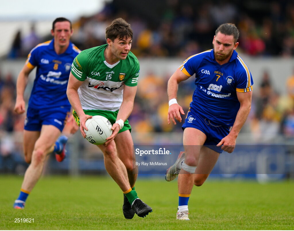 20 May 2023; Conor O'Donnell of Donegal in action against Cian O'Dea of Clare during the GAA Football All-Ireland Senior Championship Round 1 match between Clare and Donegal at Cusack Park in Ennis, Clare. Photo by Ray McManus/Sportsfile