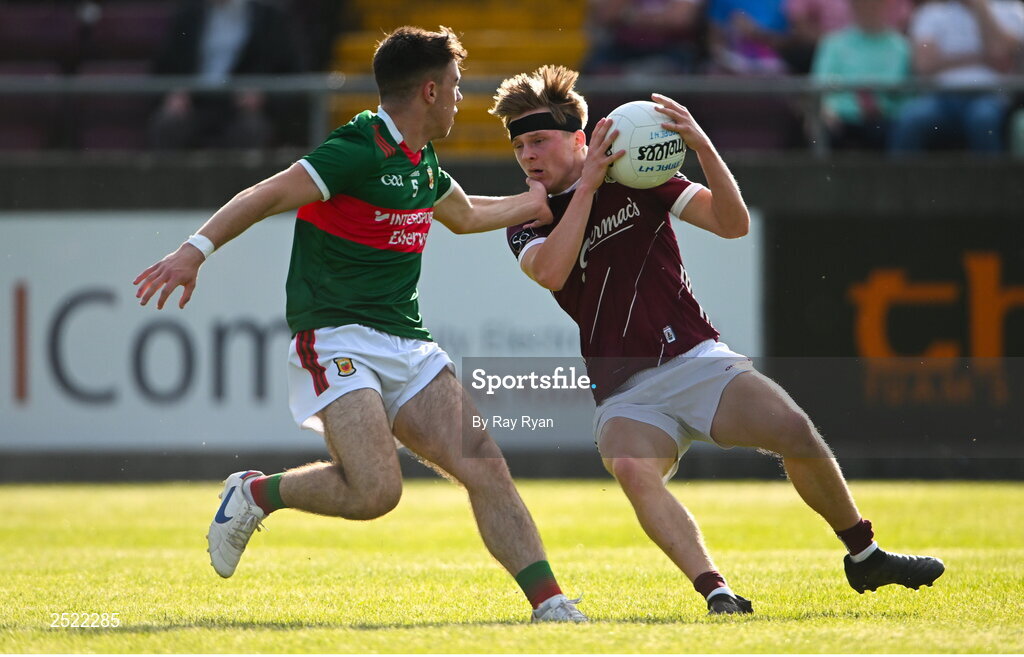 26 May 2023; Sean Rhattigan of Galway in action against Jamie Clarke of Mayo during the 2023 Electric Ireland Connacht GAA Football Minor Championship Final between Galway and Mayo at Tuam Stadium in Galway. Photo by Ray Ryan/Sportsfile