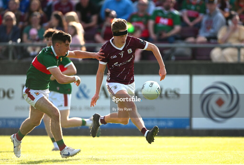 26 May 2023; Sean Rhattigan of Galway in action against Jamie Clarke of Mayo during the 2023 Electric Ireland Connacht GAA Football Minor Championship Final between Galway and Mayo at Tuam Stadium in Galway. Photo by Ray Ryan/Sportsfile