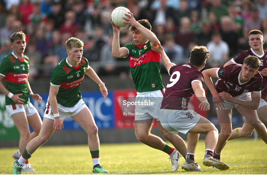 26 May 2023; Jamie Clarke of Mayo in action against Olan Kelly of Galway during the 2023 Electric Ireland Connacht GAA Football Minor Championship Final between Galway and Mayo at Tuam Stadium in Galway. Photo by Ray Ryan/Sportsfile
