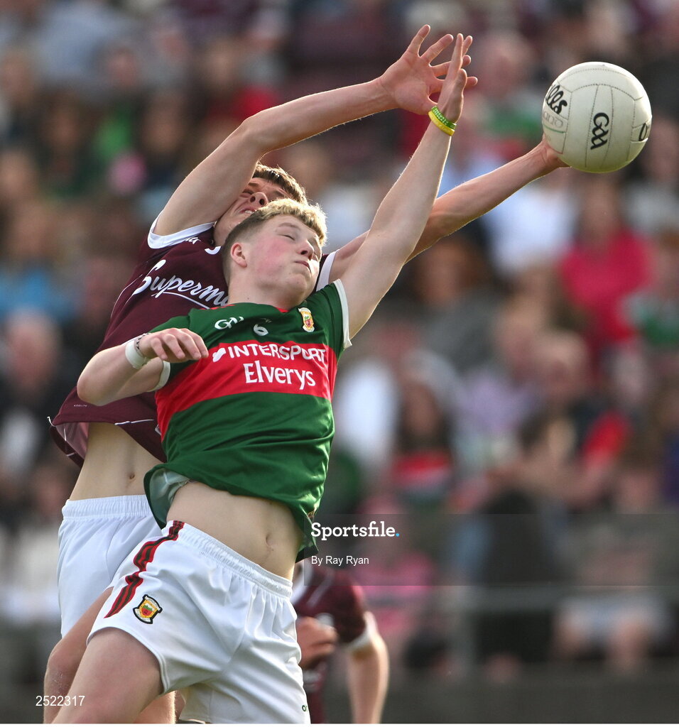 26 May 2023; Mikey Mulryan of Galway in action against Rio Mortimer of Mayo during the 2023 Electric Ireland Connacht GAA Football Minor Championship Final between Galway and Mayo at Tuam Stadium in Galway. Photo by Ray Ryan/Sportsfile